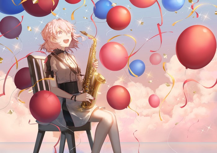 Anime girl with pink hair playing saxophone surrounded by balloons