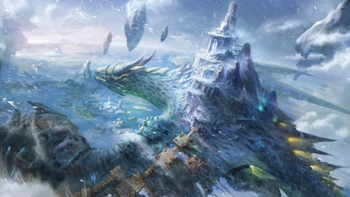Dragon flying over a fantasy ice city