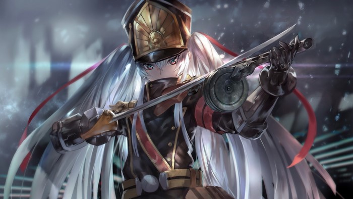 Anime girl in military uniform holding a sword