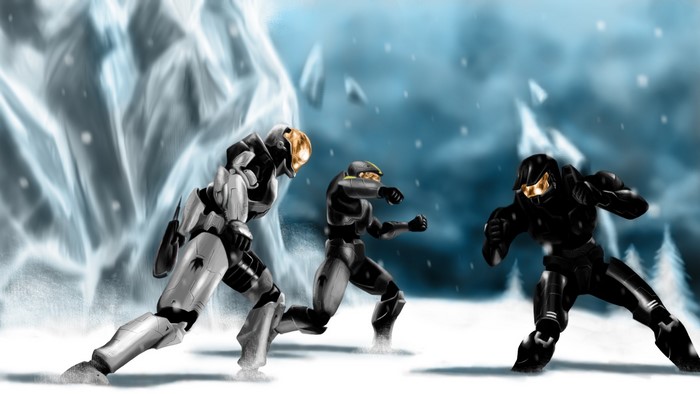 Red vs. Blue characters in a snowy, icy landscape