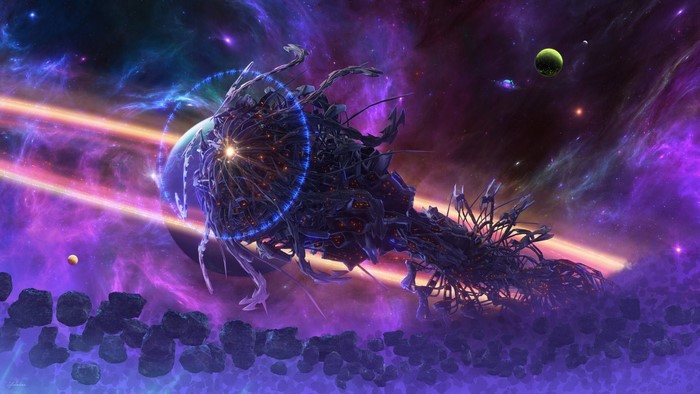 Alien spaceship in a colorful nebula with planets and asteroids
