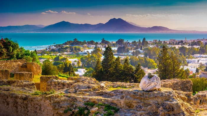 Ruins overlooking the sea and mountains in Tunisia