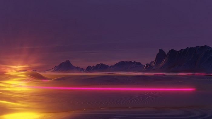Cyberpunk desert landscape with neon glow at sunset