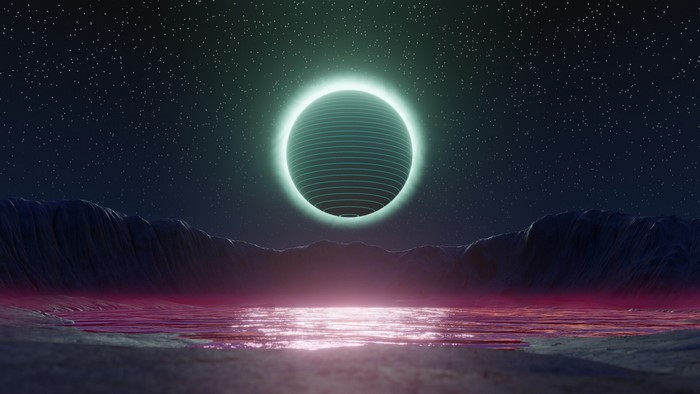 Sci-fi planet with neon glow over alien lake at night