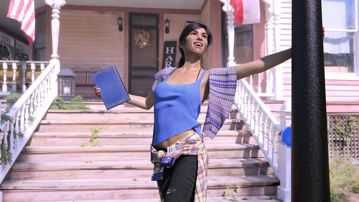 Woman with book on porch stairs
