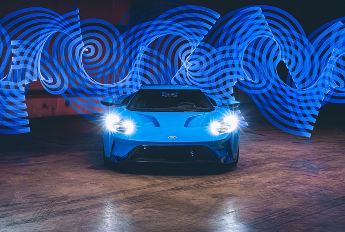 Blue Ford GT Mk II with light painting