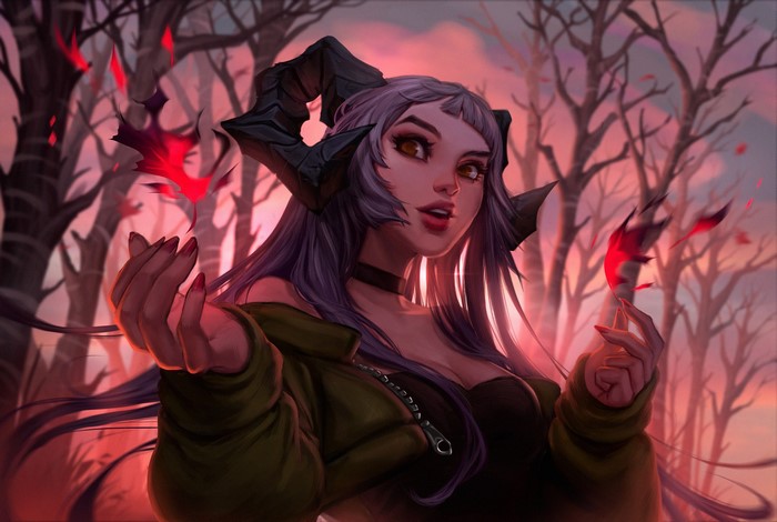 Demon girl with horns in a forest