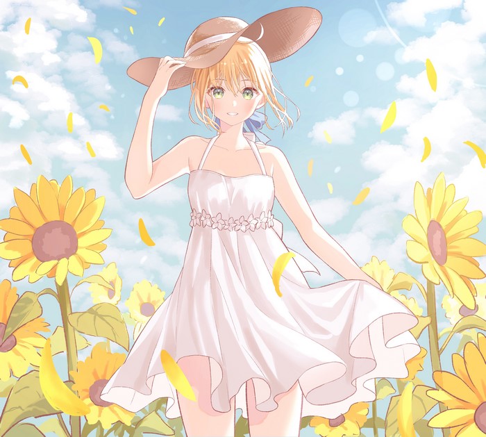Artoria Pendragon in White Dress with Sunflowers