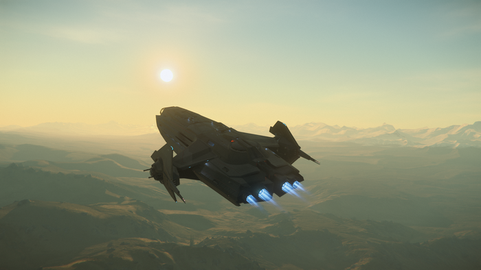 Star Citizen Anvil Carrack spaceship flying over mountains