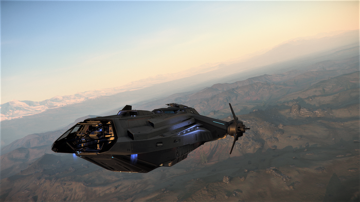Anvil Pisces spaceship flying over a mountainous landscape