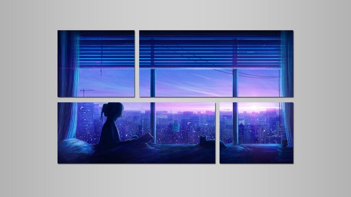 Girl reading by window with cityscape and cat