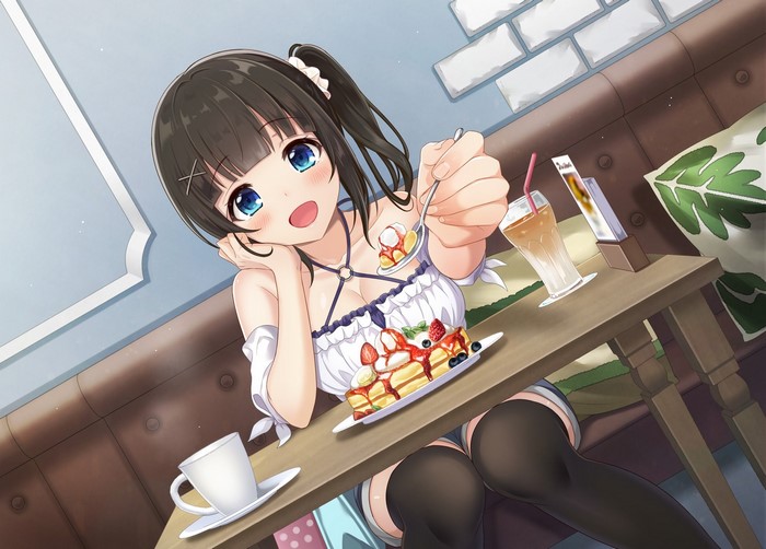 Anime girl eating dessert with strawberries and blueberries