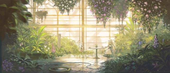 Anime girl in a greenhouse with flowers