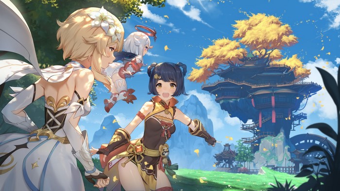 Xiangling and Lumine from Genshin Impact in a fantasy setting