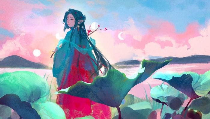 Anime girl with long blue hair by a lake