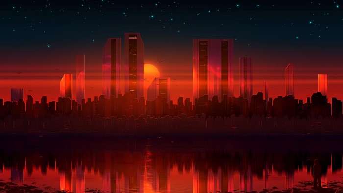 Futuristic cityscape at sunset with reflections