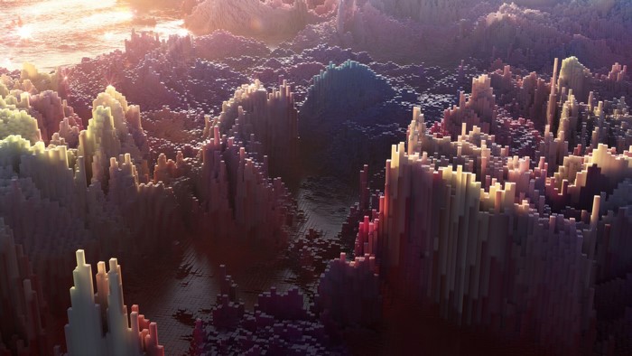 3D Abstract Render of Pixelated Landscape with Glowing Light