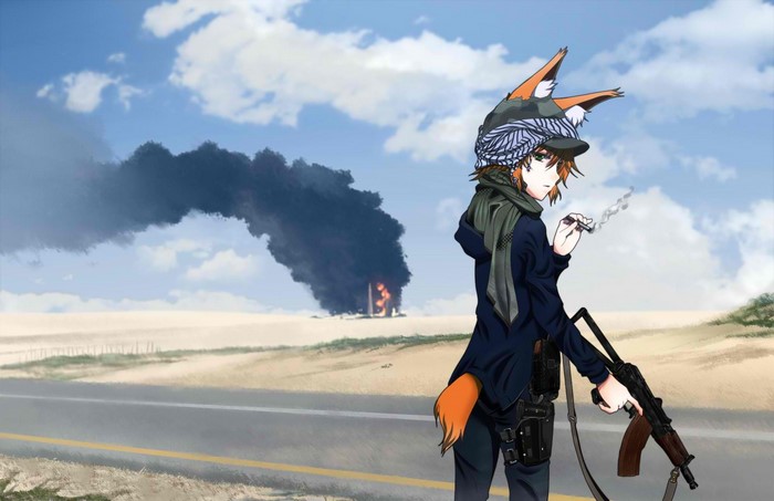 Fox girl with gun smoking in desert