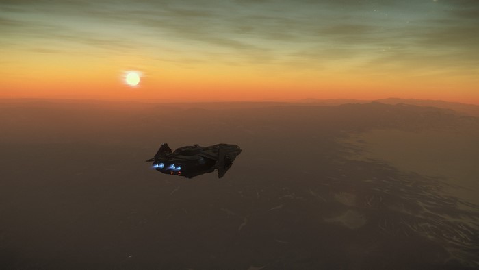 Anvil Carrack spaceship flying during a Star Citizen sunrise
