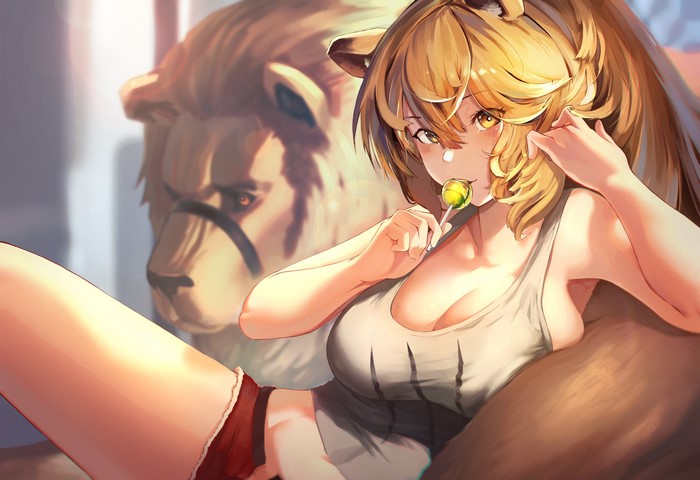 Siege from Arknights with a lollipop and a lion