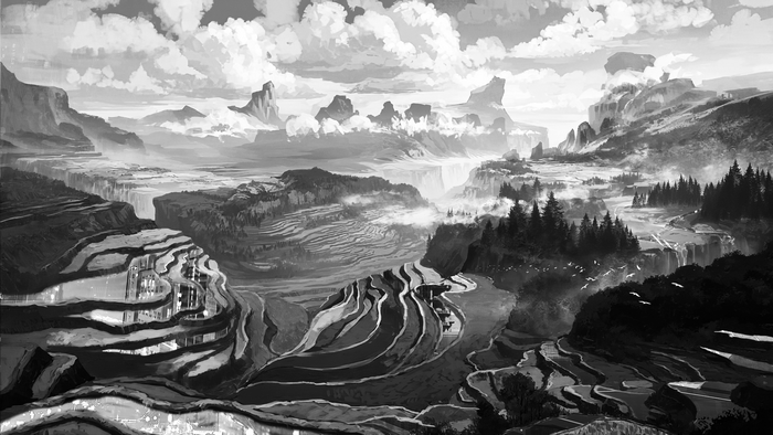 Fantasy landscape with rice fields and mountains