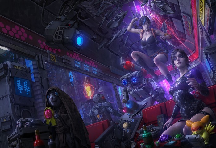 Cyberpunk scene with women and robots