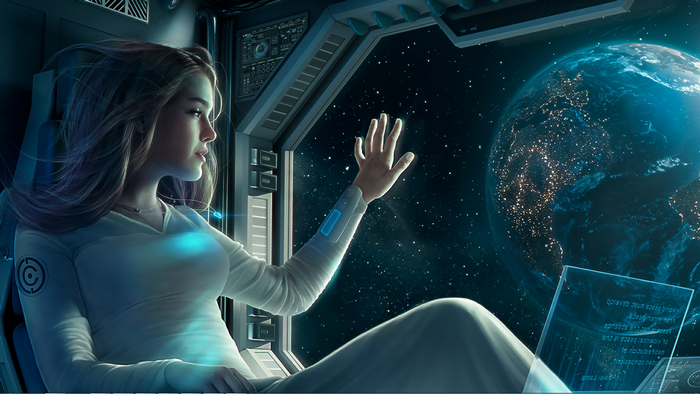 Woman in spaceship looking at Earth