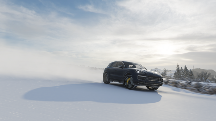 Porsche Cayenne driving on a snowy road in Forza Horizon 4