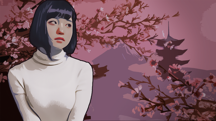 Woman in white turtleneck with Japanese pagoda and cherry blossoms