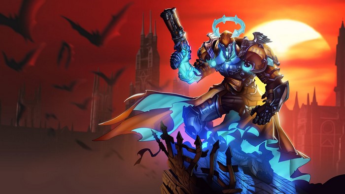 Androxus from Paladins with a revolver at sunset
