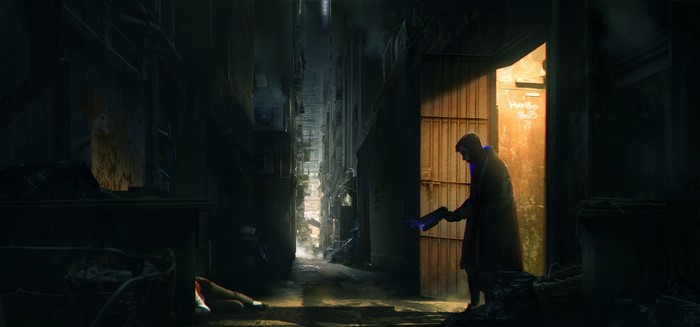 Man with gun in dark alleyway