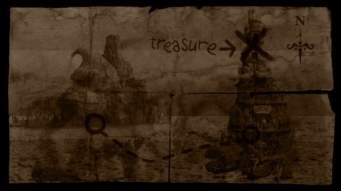 Treasure map with islands and a tower