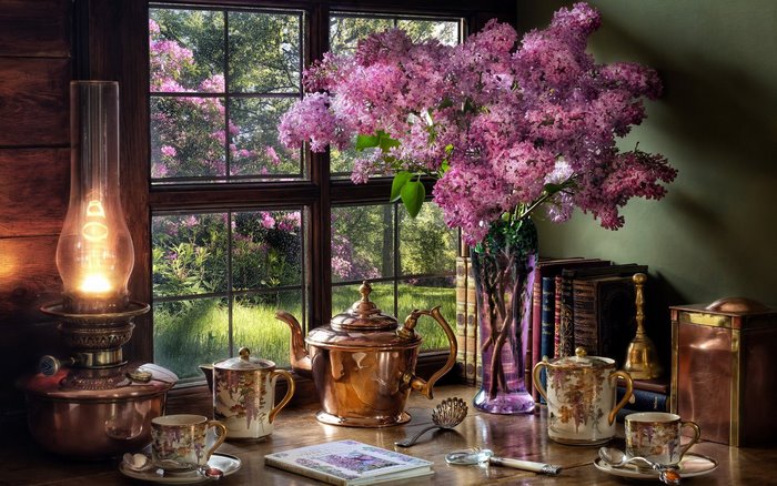 Lilacs Still Life with Lamp and Teapot