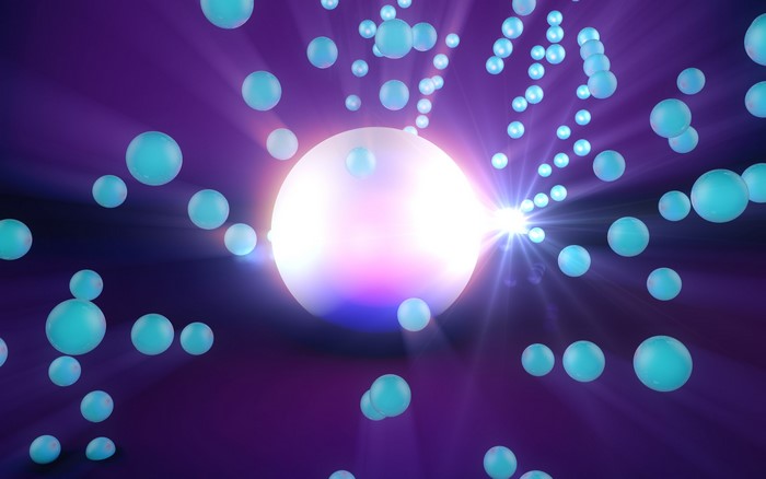 Abstract 3D spheres with light rays on purple background