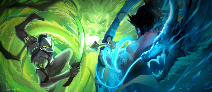 Genji and Hanzo summoning dragons in Overwatch