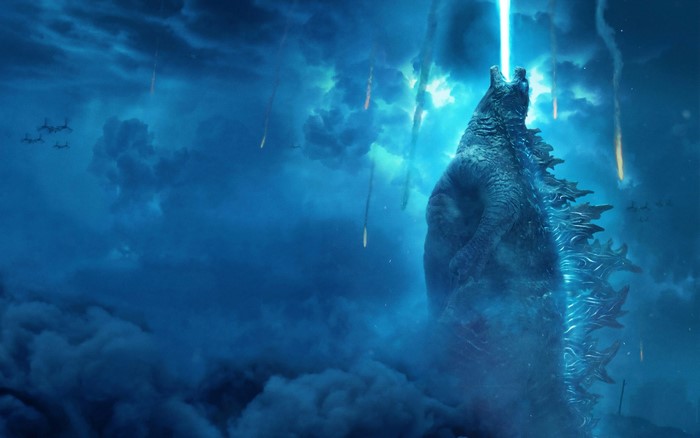 Godzilla Emitting Blue Energy Beam Amidst Storm