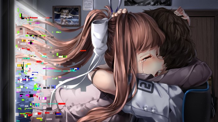 Monika from Doki Doki Literature Club crying and glitching