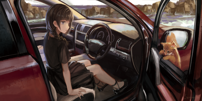 Anime girl in car with a cat outside