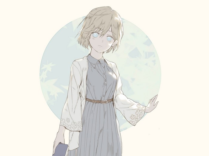 Anime girl with short blonde hair and blue eyes