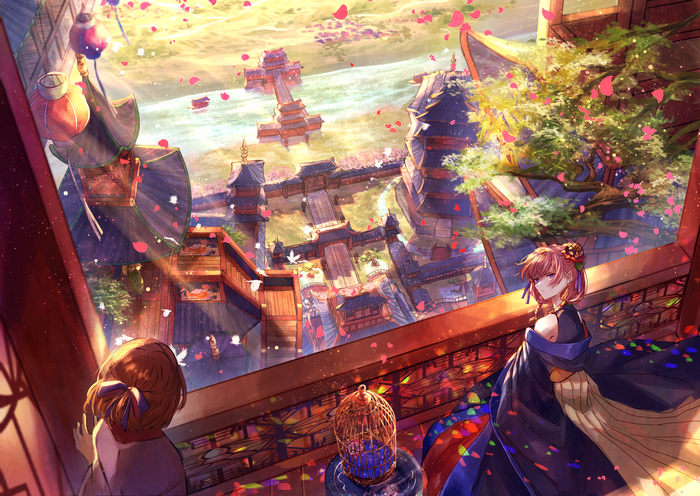 Anime girls in traditional Japanese clothes overlooking a city