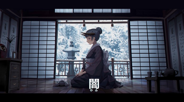 Anime girl with horns in a kimono in a snowy room