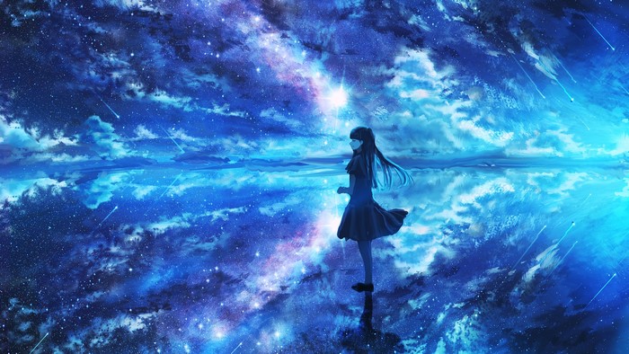 Anime girl standing in a galaxy reflection