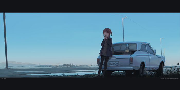 Girl drinking coffee by a Datsun car