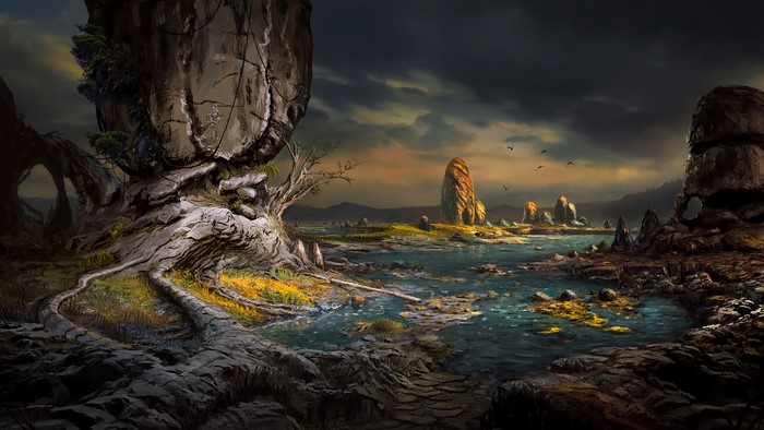 Fantasy landscape with rocks, water, and birds