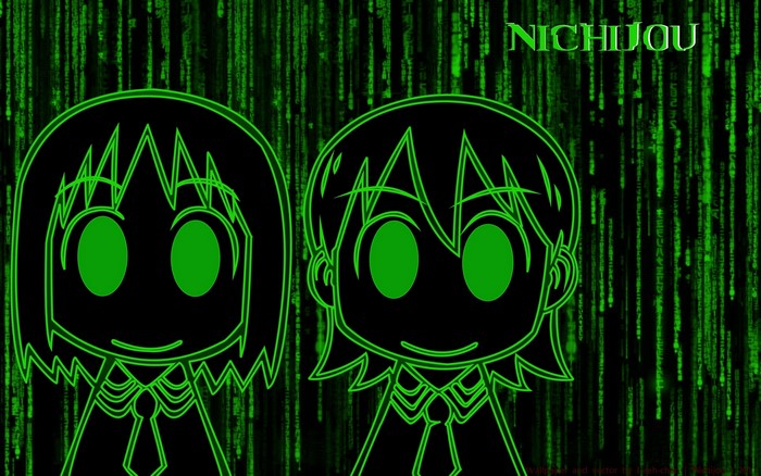 Nichijou anime characters with Matrix background