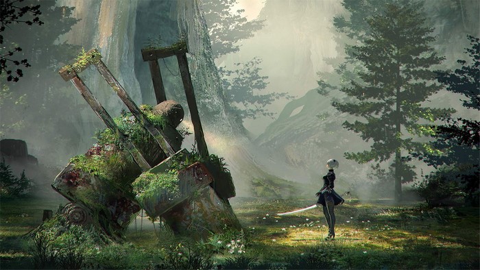 2B from NieR: Automata in a forest with ruins