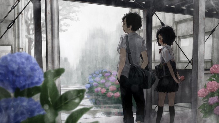 Anime boy and girl in the rain with hydrangeas