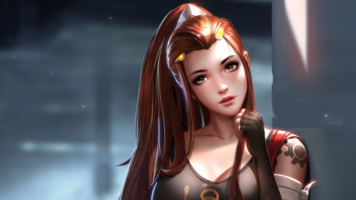 Brigitte from Overwatch leaning against a wall