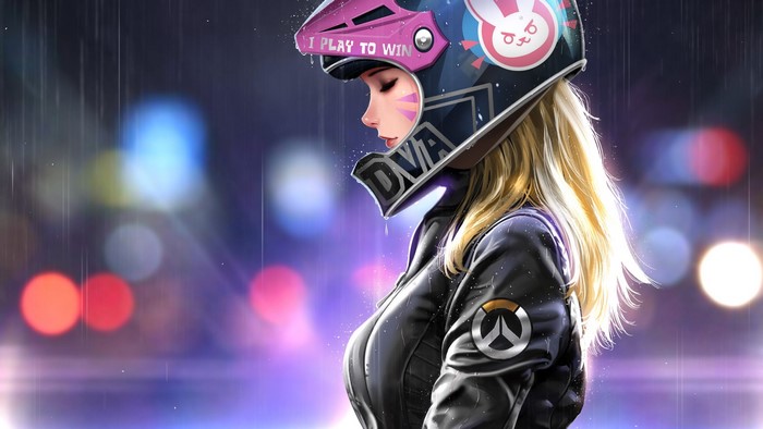 D.Va from Overwatch wearing a helmet in the rain