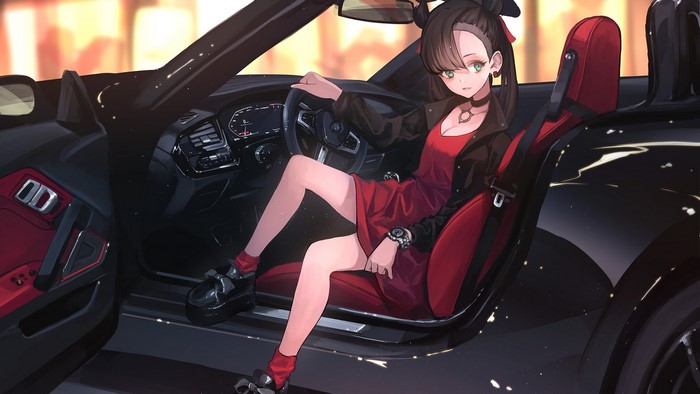 Marnie from Pokémon in a black convertible BMW